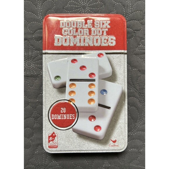 28 Double Six Color Dot Dominoes in Metal Tin Classic Games Cardinal Games Home - Picture 1 of 10